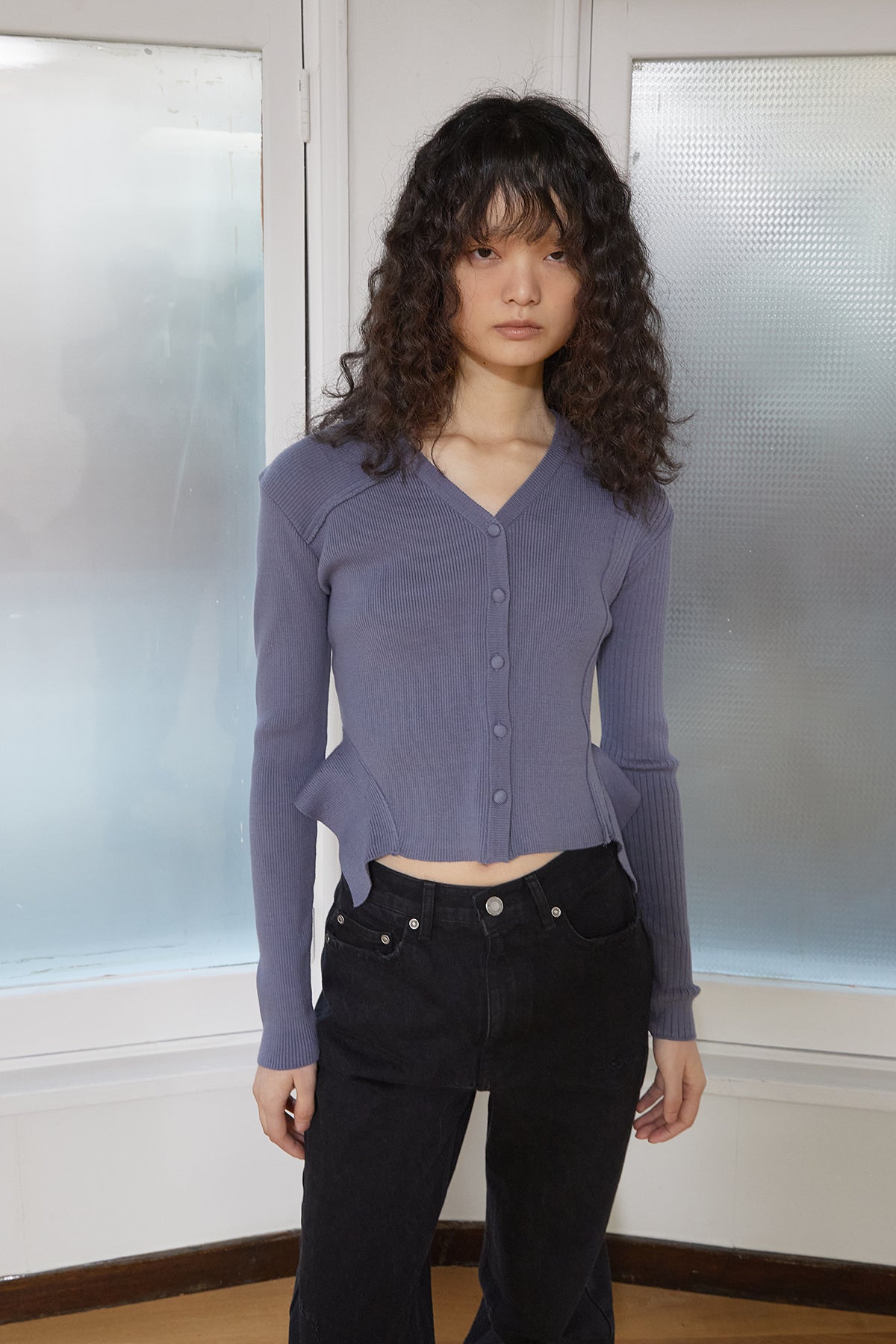 Matin Kim - Unbalance Cut Line Button Cardigan (Smoke Blue) product image 12 | TRAB K-Fashion Australia