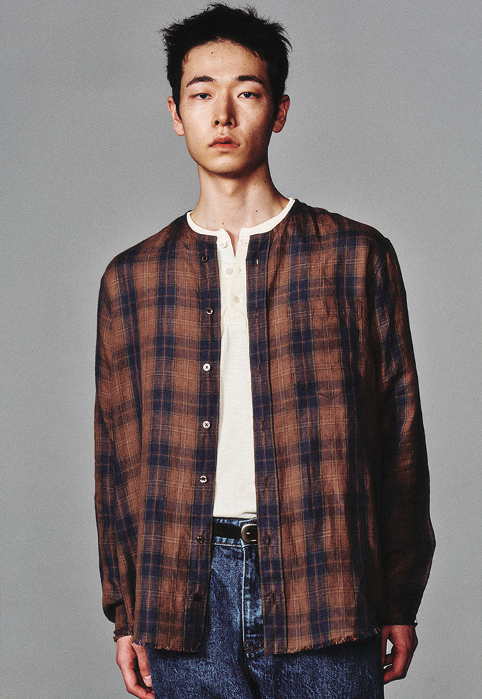 Art if acts - Non Collar Linen French Check Shirt (Blue/Brown) product image 5 | TRAB K-Fashion Australia