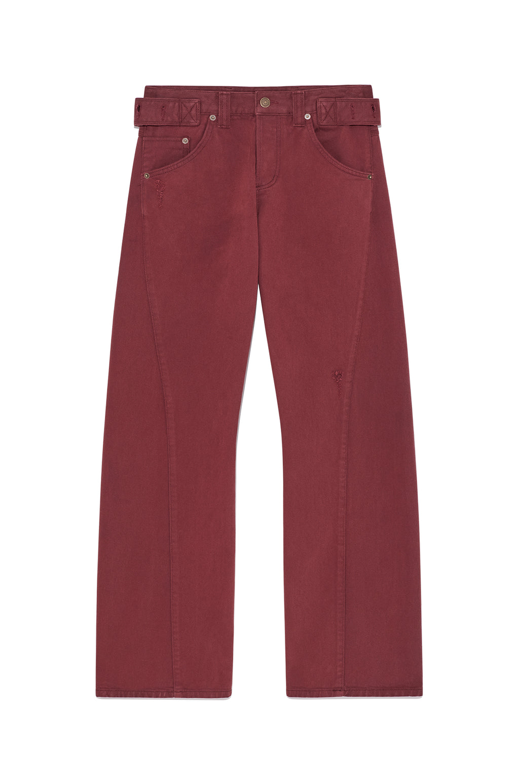 Matin Kim - Waist Buckle Curved Dying Denim Pants (Red) product image 1 | TRAB K-Fashion Australia