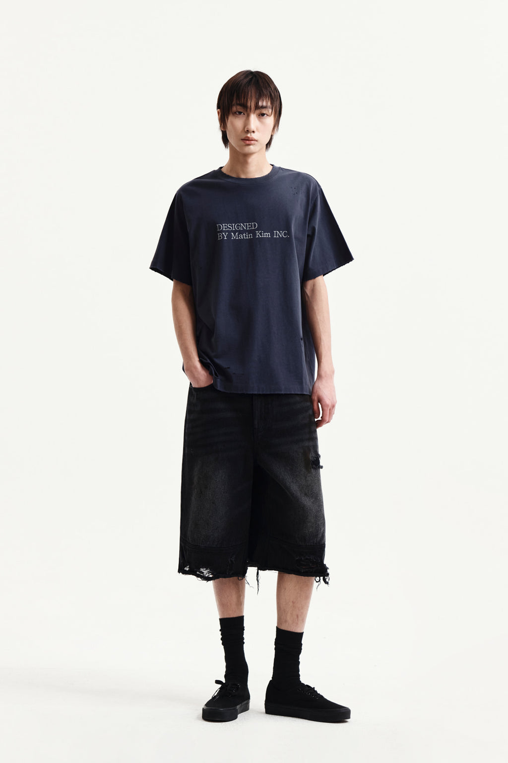Matin Kim - Spray Washed Lettering Damaged Top (Navy) product image 13 | TRAB K-Fashion Australia
