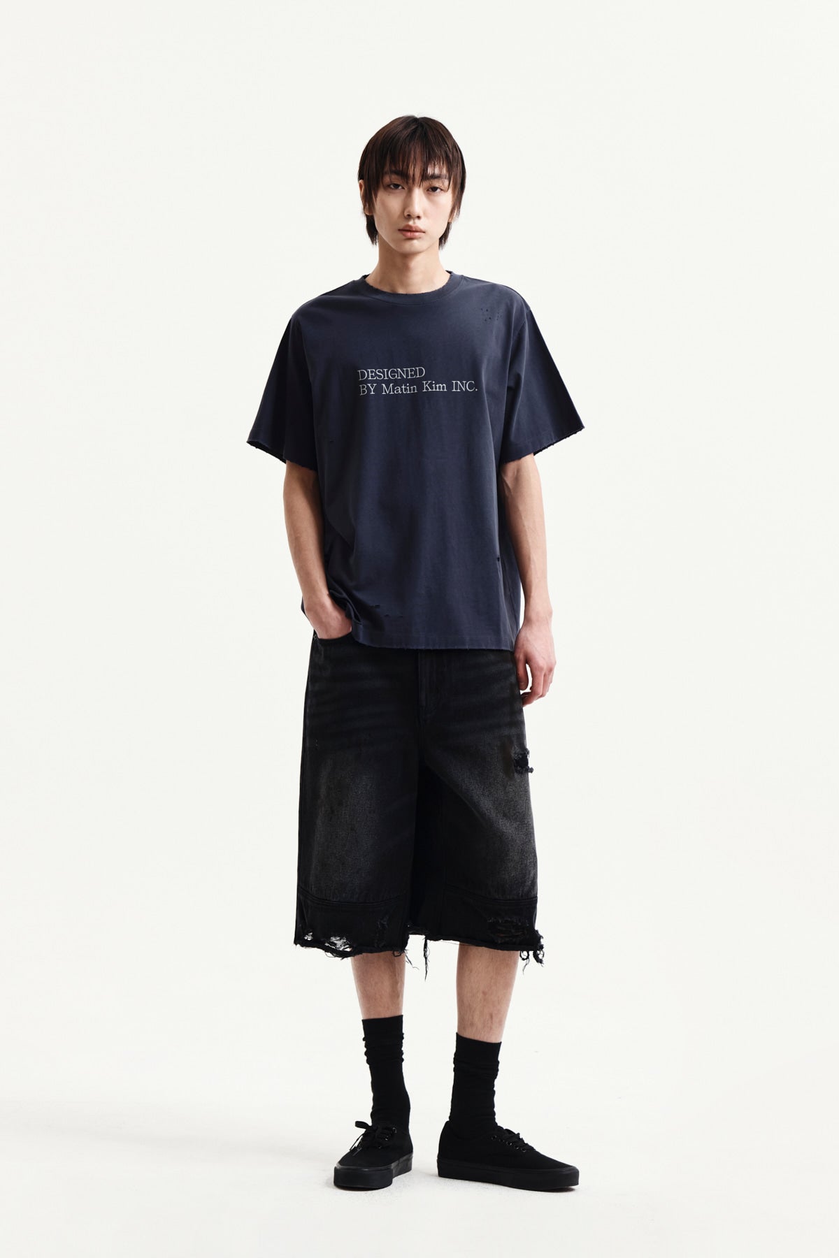 Matin Kim - Spray Washed Lettering Damaged Top (Navy) product image 13 | TRAB K-Fashion Australia