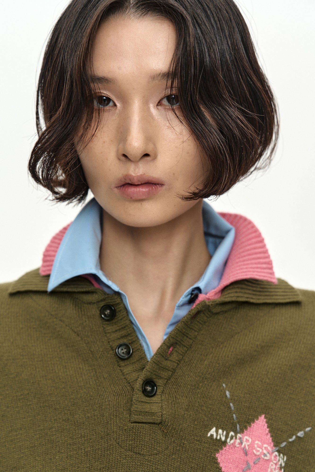 Andersson Bell - Double Collar Argyle Logo Sweater (Khaki/Pink) product image 6 | TRAB K-Fashion Australia