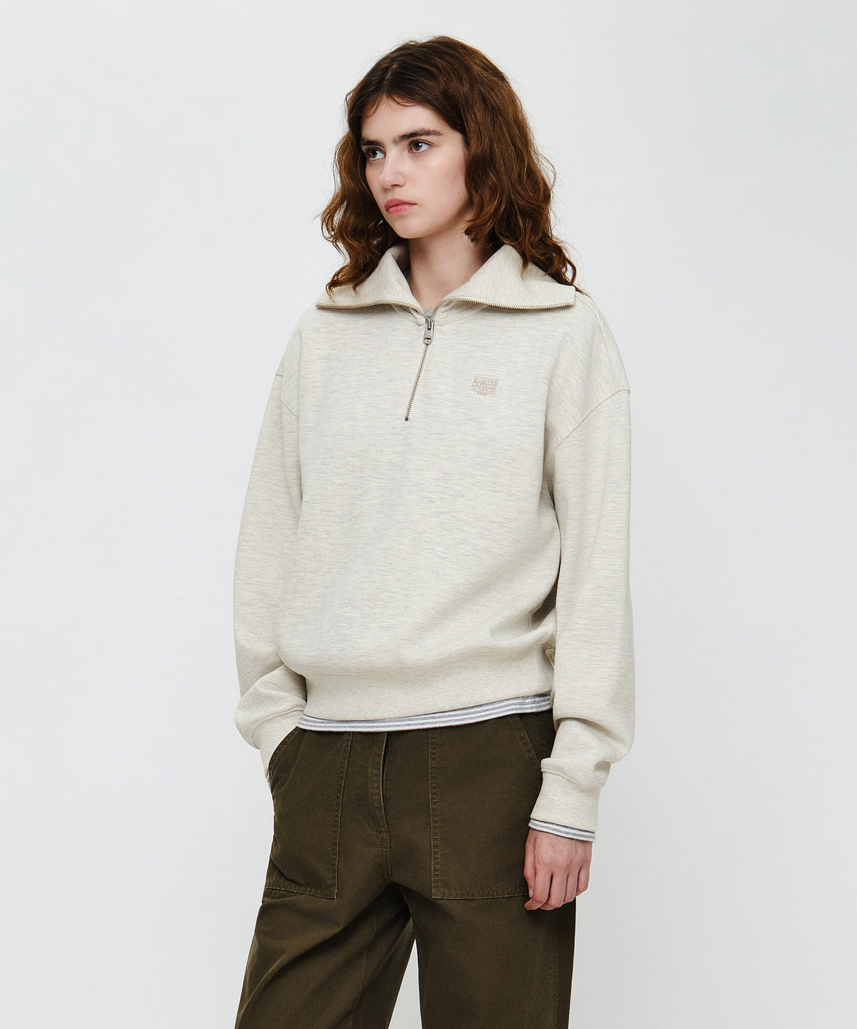 Marithe & Francois Girbaud - Micro Classic Logo Quarter Zipup Sweatshirt (Oatmeal) product image 2 | TRAB K-Fashion Australia