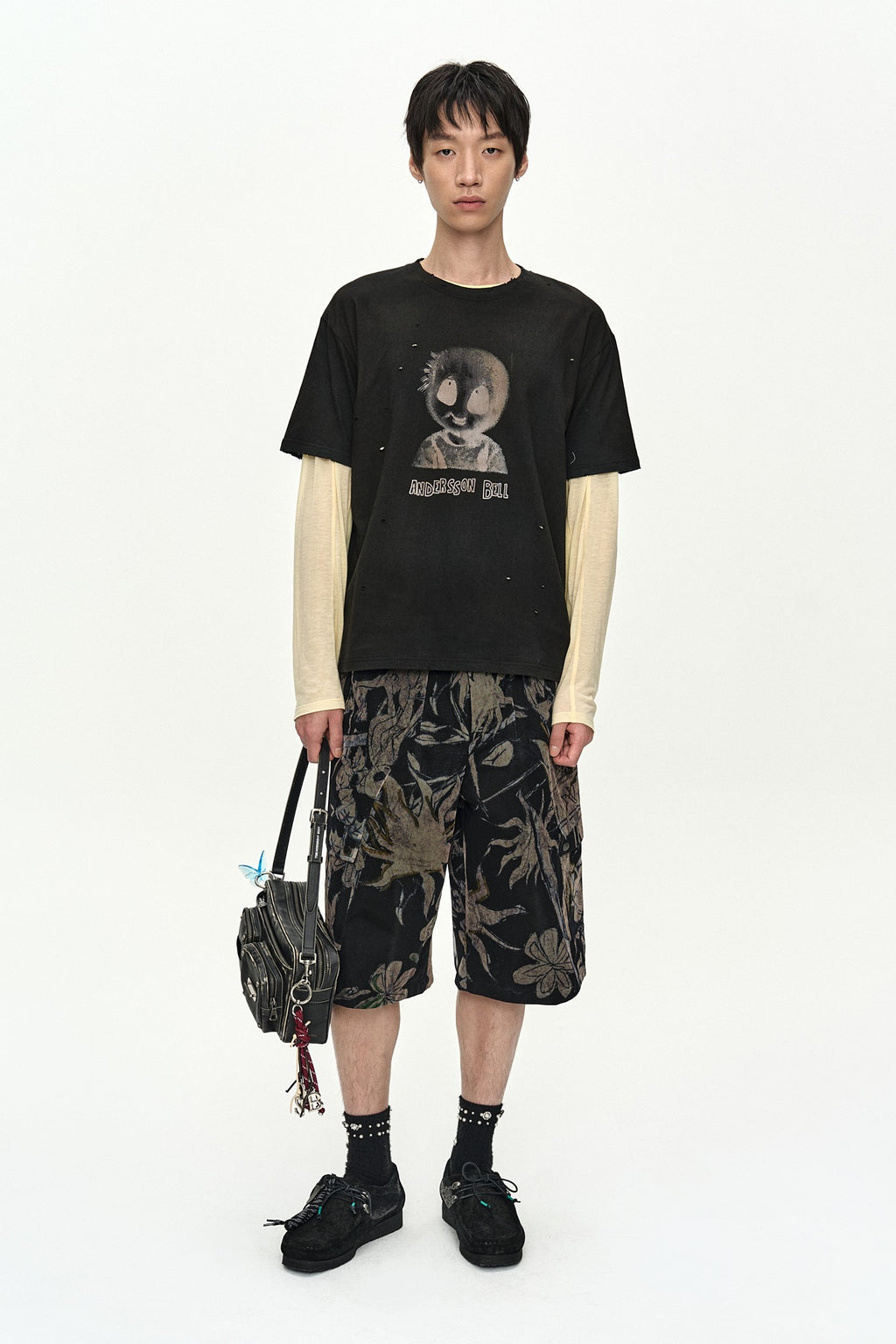 Andersson Bell - Flower Overlay Cargo Shorts (Black/Beige) product image 1 | TRAB K-Fashion Australia