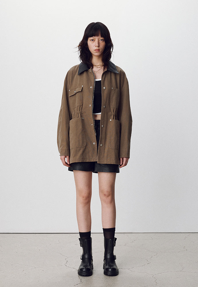Tonywack - Leather Collar Garment-Washed Utility Jacket (Faded Olive) product image 2 | TRAB K-Fashion Australia