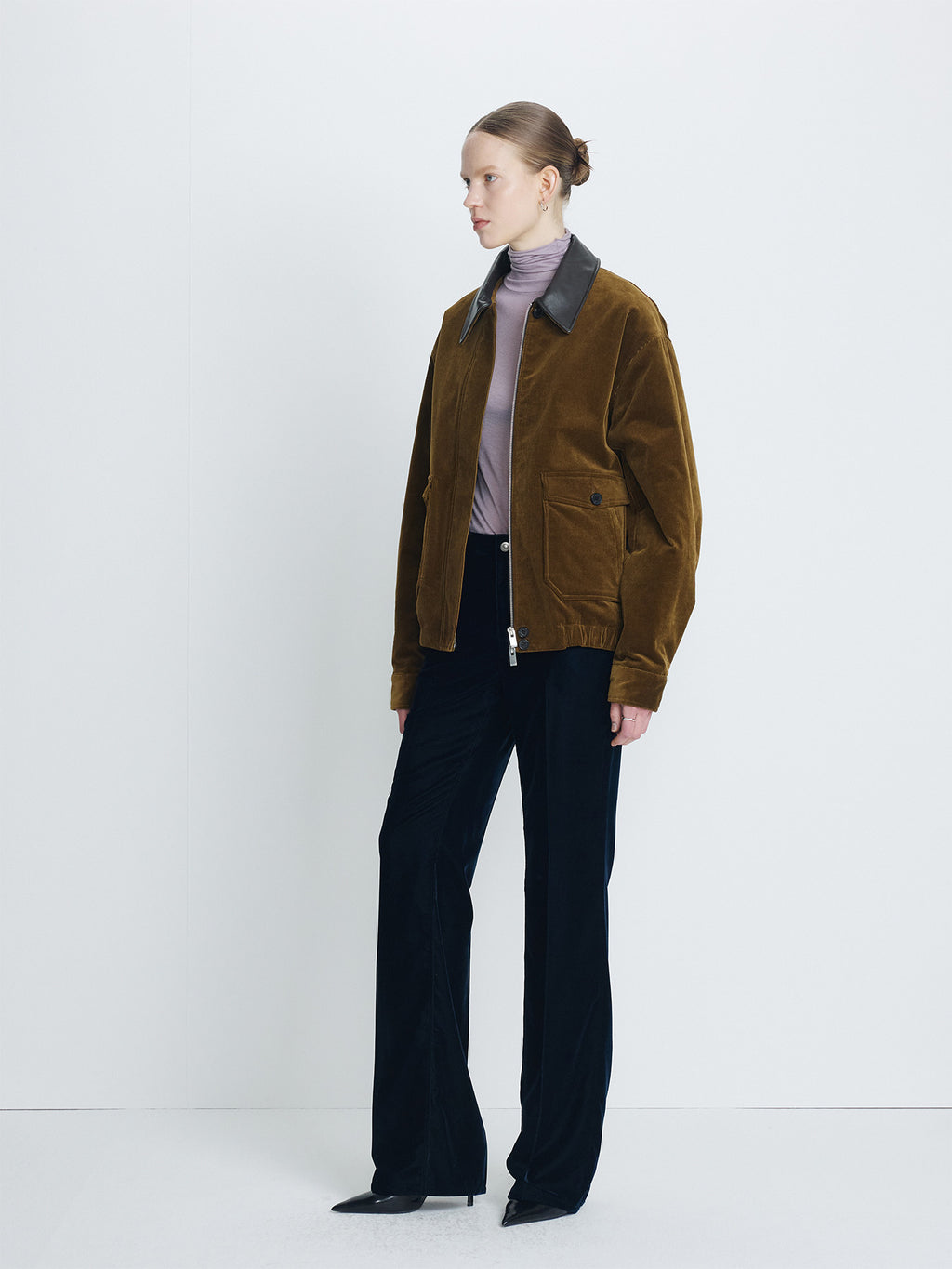 Tonywack - Leather Collar Corduroy Bomber Jacket (Olive Brown) product image 2 | TRAB K-Fashion Australia