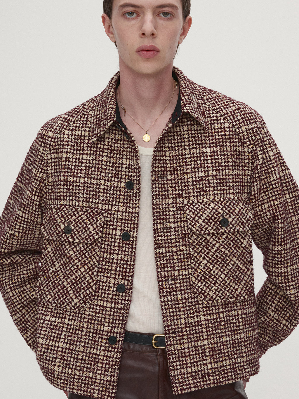 Tonywack - Checked Wool Tweed Shirt Jacket Italian Fabric (Burgundy/Ecru) product image 4 | TRAB K-Fashion Australia