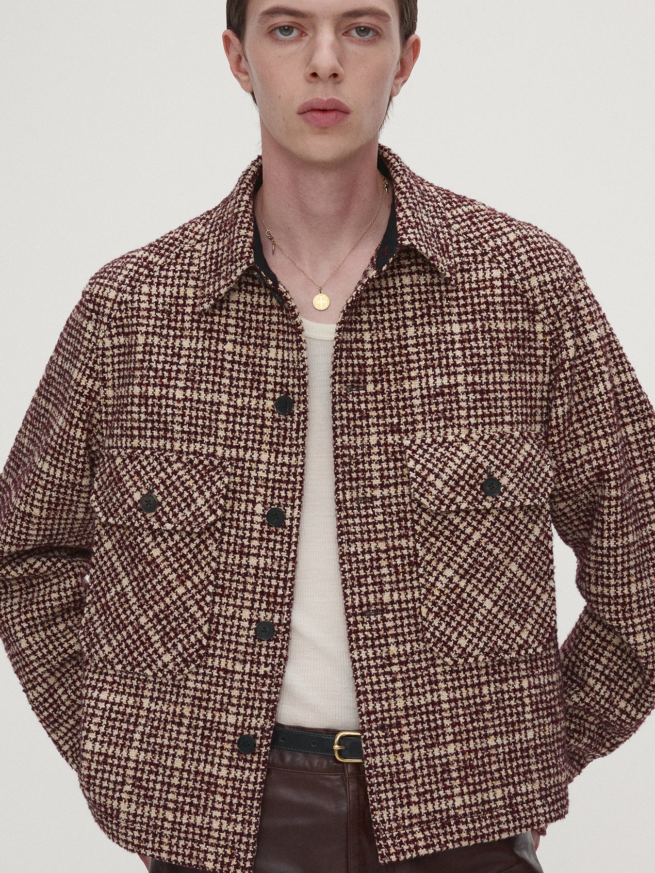 Tonywack - Checked Wool Tweed Shirt Jacket Italian Fabric (Burgundy/Ecru) product image 4 | TRAB K-Fashion Australia