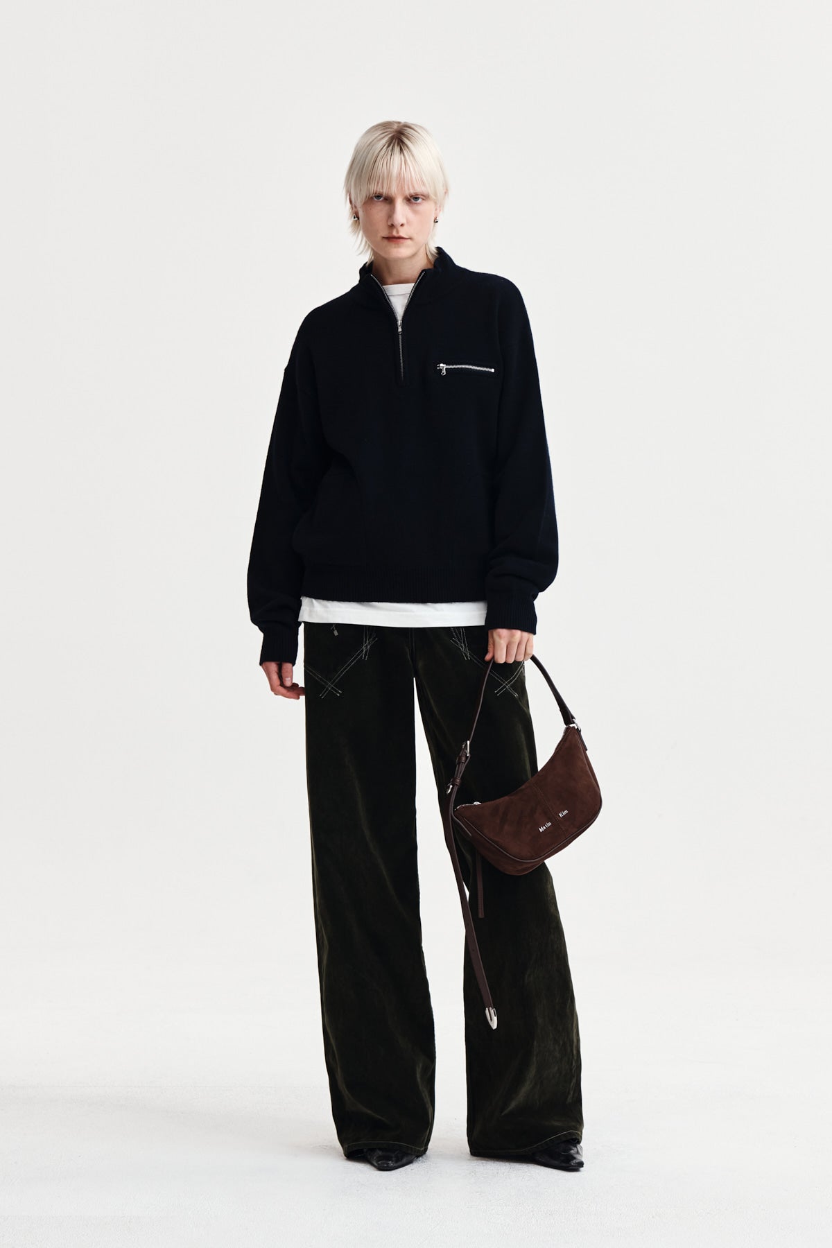 Matin Kim - Back Logo Half Knit Zip Up Pullover (Navy) product image 9 | TRAB K-Fashion Australia