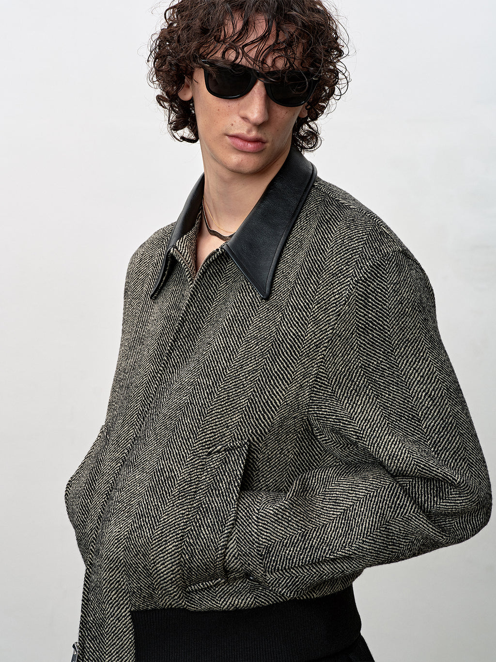 Tonywack - Leather Trim Wool Herringbone Blouson (Black Ecru Herringbone) product image 7 | TRAB K-Fashion Australia