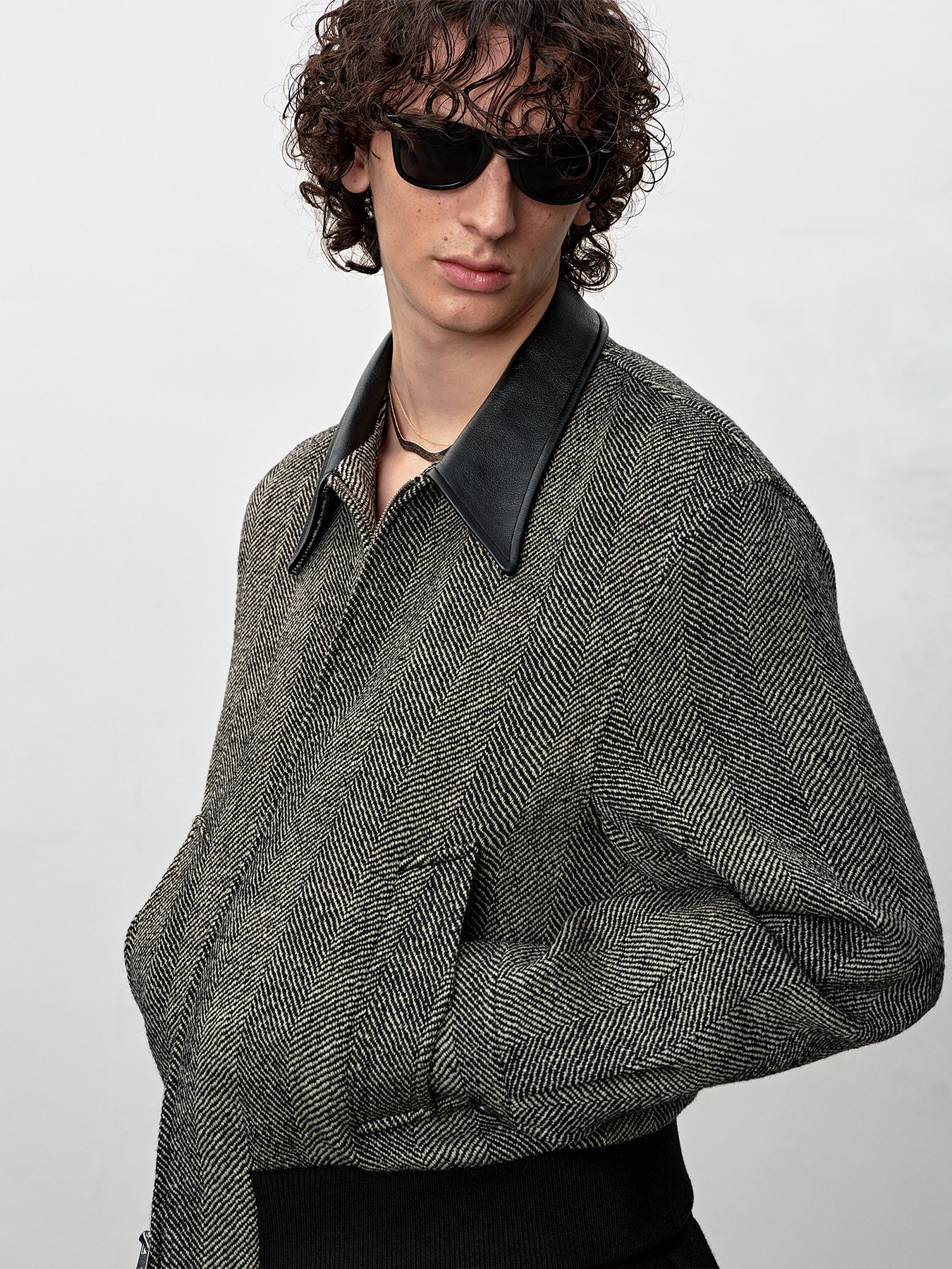 Tonywack - Leather Trim Wool Herringbone Blouson (Black Ecru Herringbone) product image 7 | TRAB K-Fashion Australia