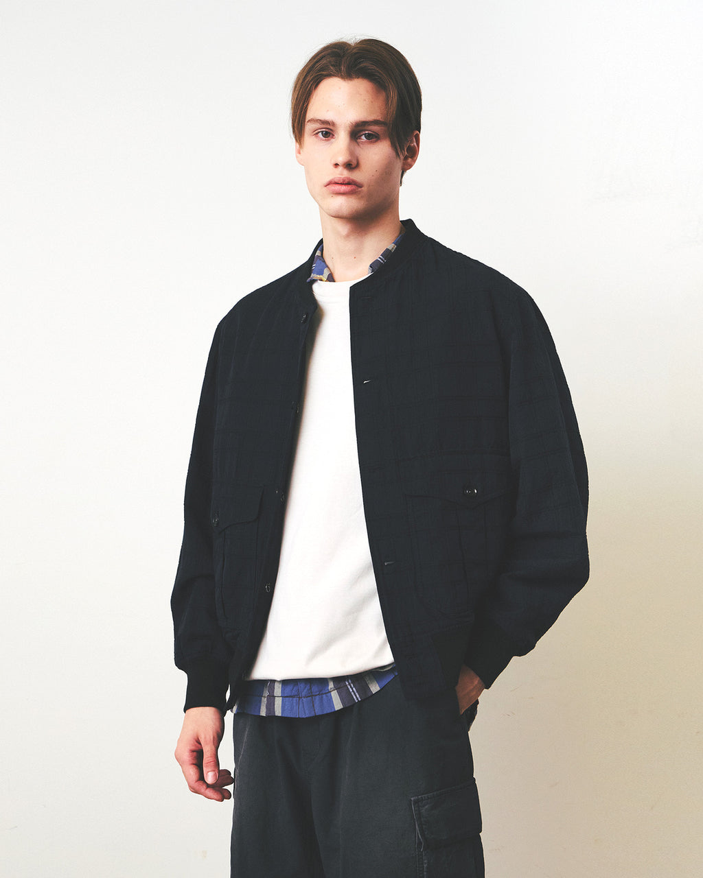 Eastlogue - Tender Blouson Jacket (Navy Linen Check) product image 3 | TRAB K-Fashion Australia