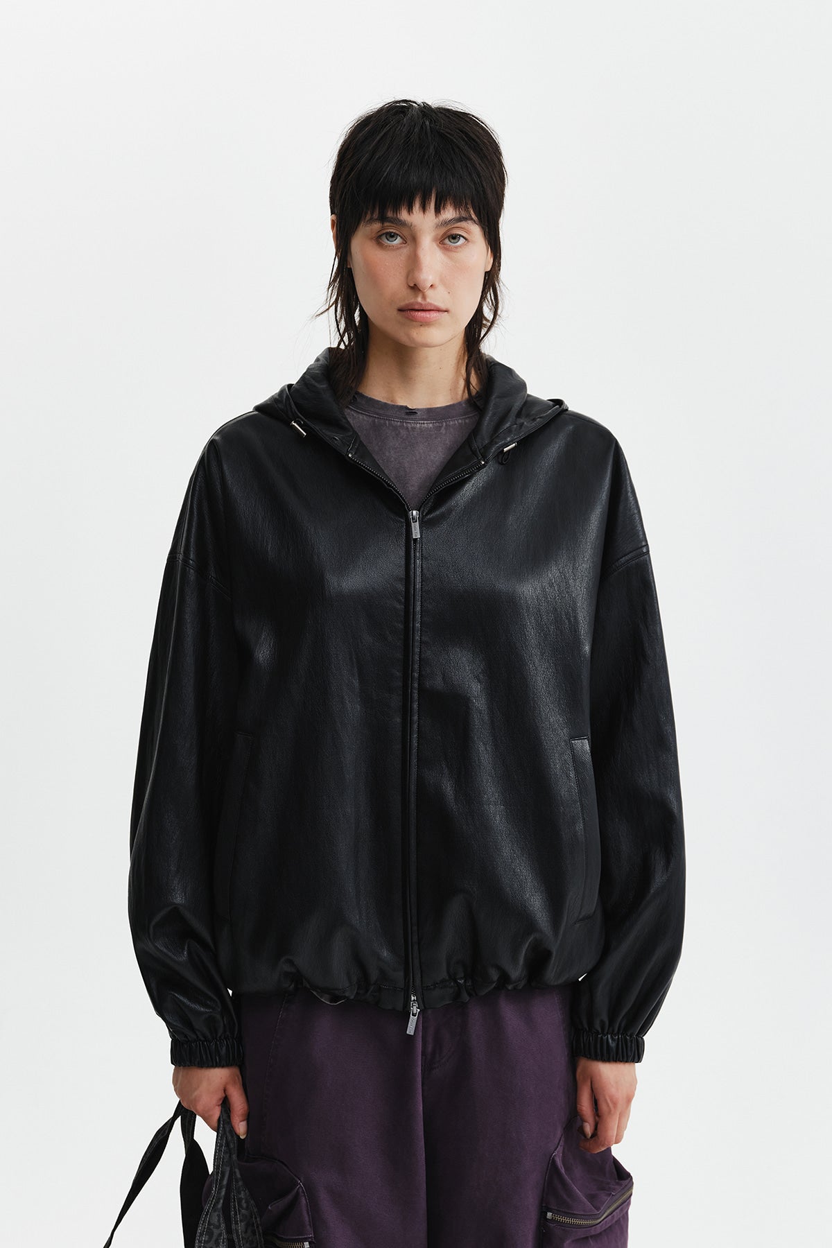 Matin Kim - Faux Leather Applique Logo Hoody Jumper (Black) product image 6 | TRAB K-Fashion Australia