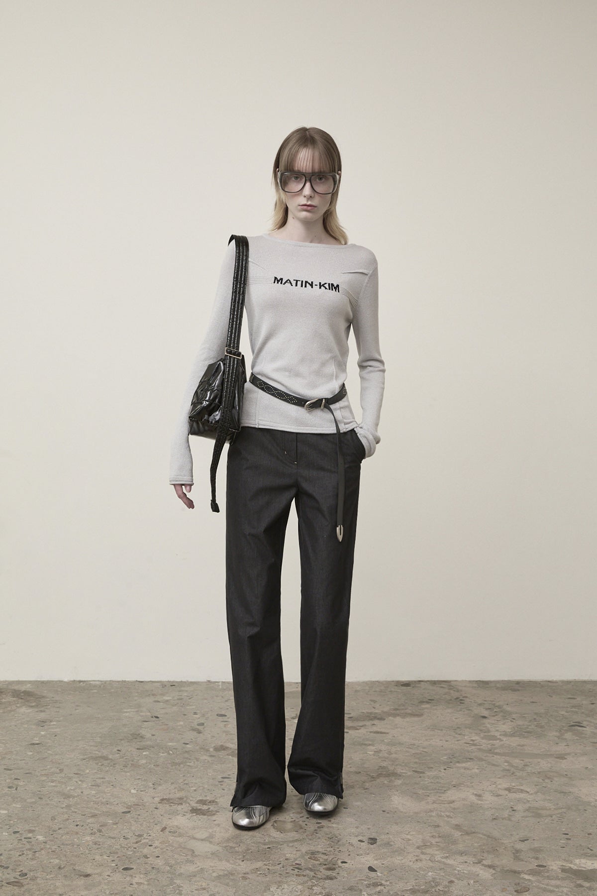 Matin Kim - Glitter Slim Logo Knit Top (Light Grey) product image 8 | TRAB K-Fashion Australia