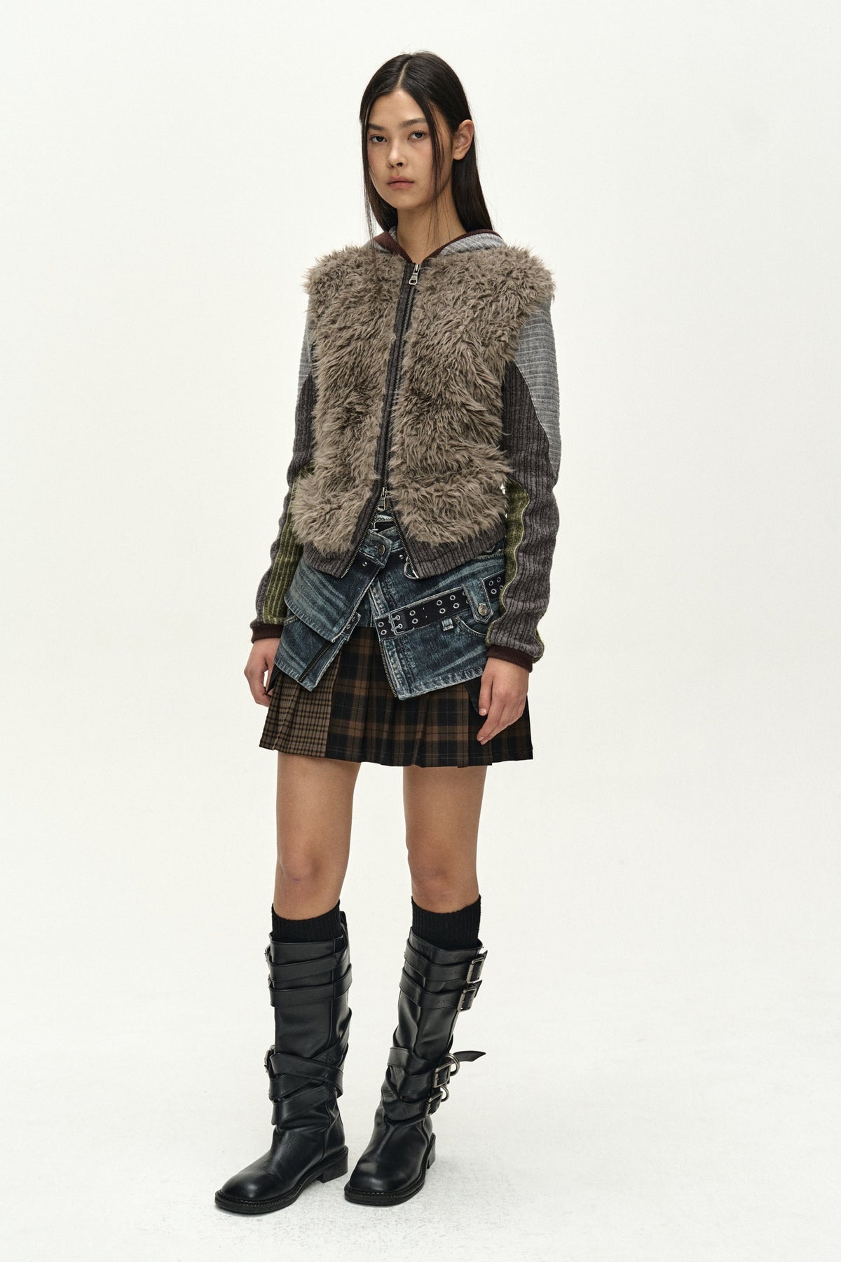 Andersson Bell - Fur Color-Blocked Hooded Zip-Up (Charcoal/Khaki) product image 2 | TRAB K-Fashion Australia