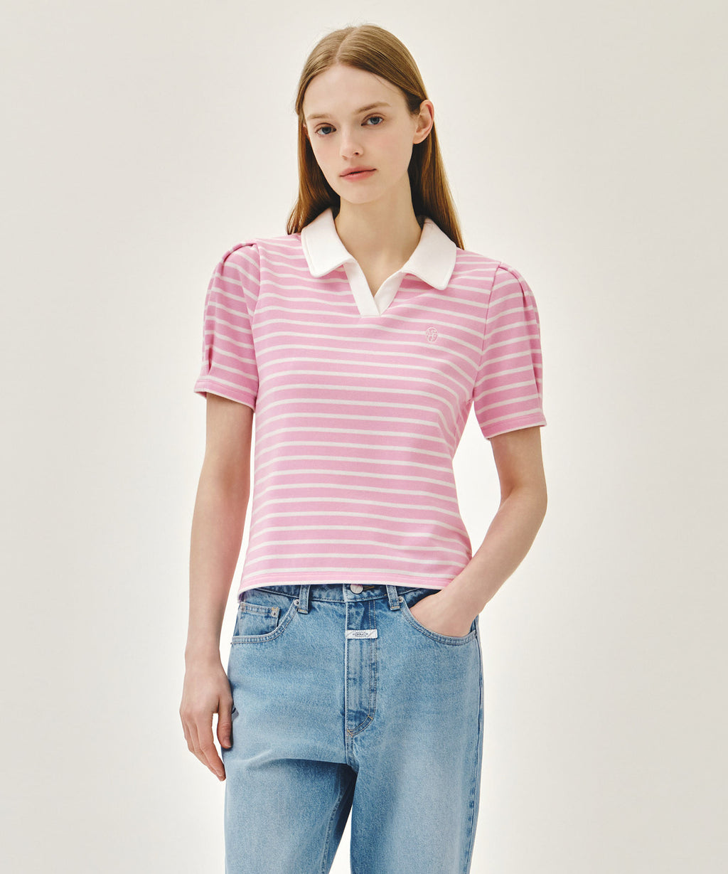 Marithe & Francois Girbaud - Collar Stripe Half Sleeve Crop Sweatshirt (Pink) product image 1 | TRAB K-Fashion Australia