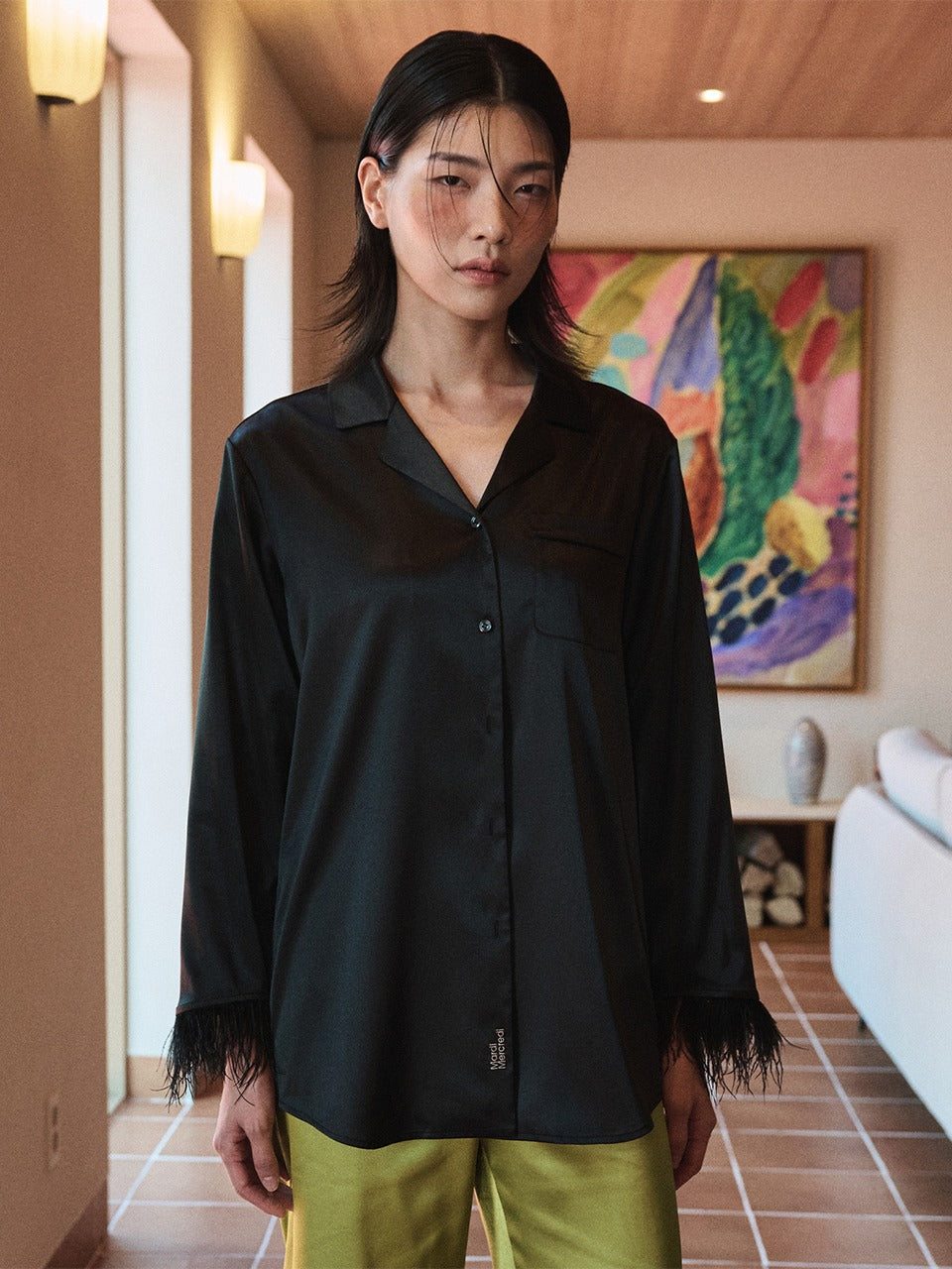 Mardi Mercredi - Satin Ostrich Shirt (Black) product image 1 | TRAB K-Fashion Australia