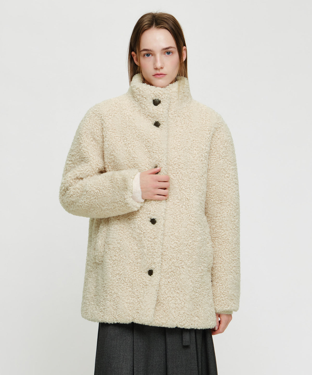Marithe & Francois Girbaud - High Neck Boucle Coat (Ivory) product image 1 | TRAB K-Fashion Australia