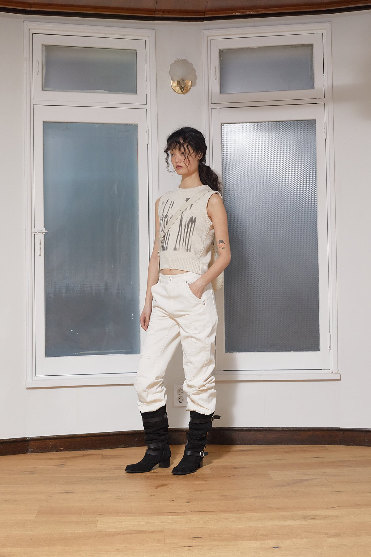 Matin Kim - Damage Patch Denim Pants (Ivory) product image 8 | TRAB K-Fashion Australia