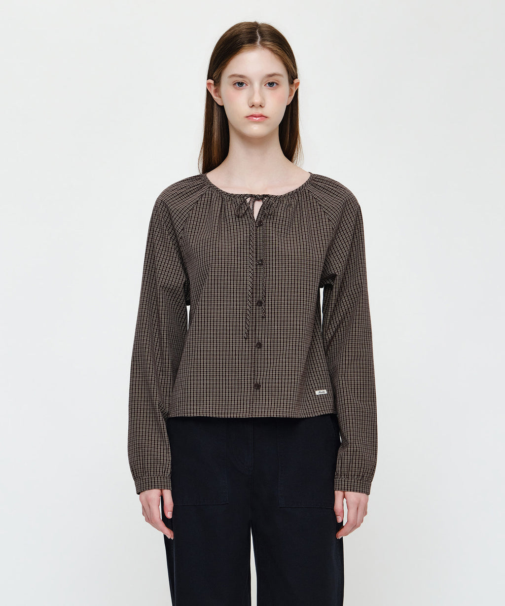 Marithe & Francois Girbaud - Check Ribbon Crop Blouse (Brown) product image 1 | TRAB K-Fashion Australia