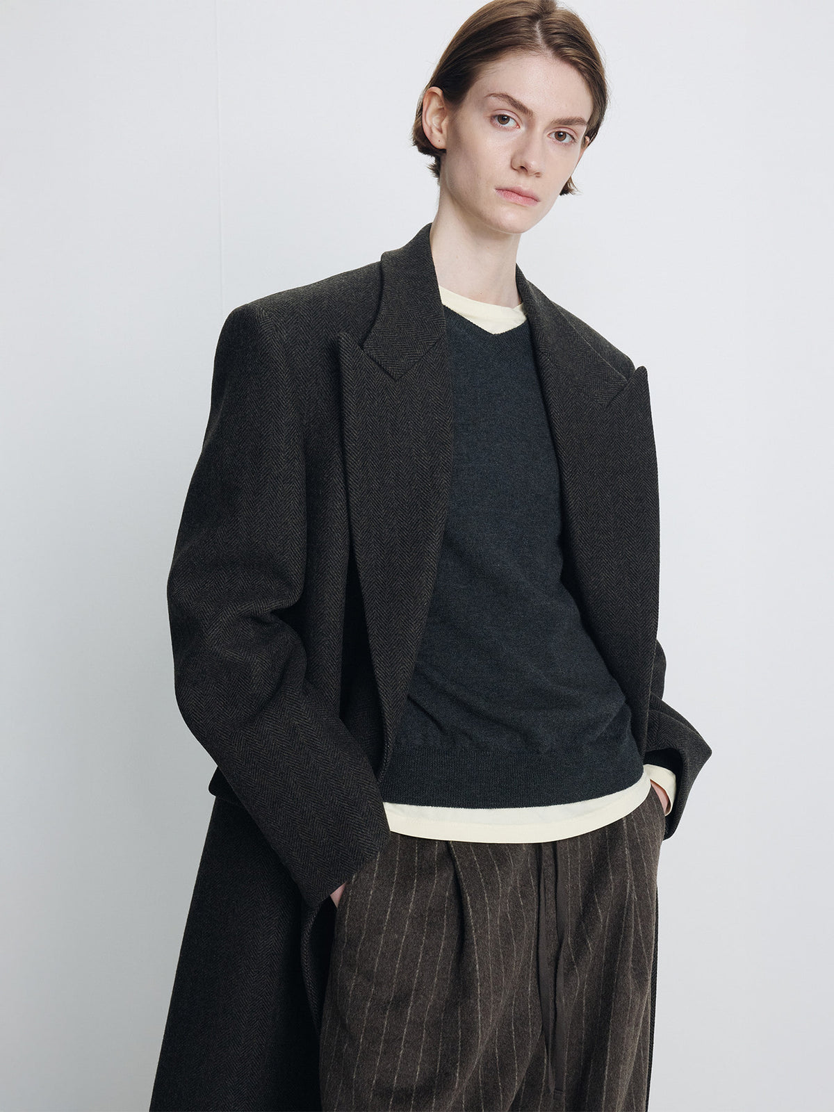 Tonywack - Wool Wide-Leg Banding Trousers (Brown Stripe) product image 6 | TRAB K-Fashion Australia