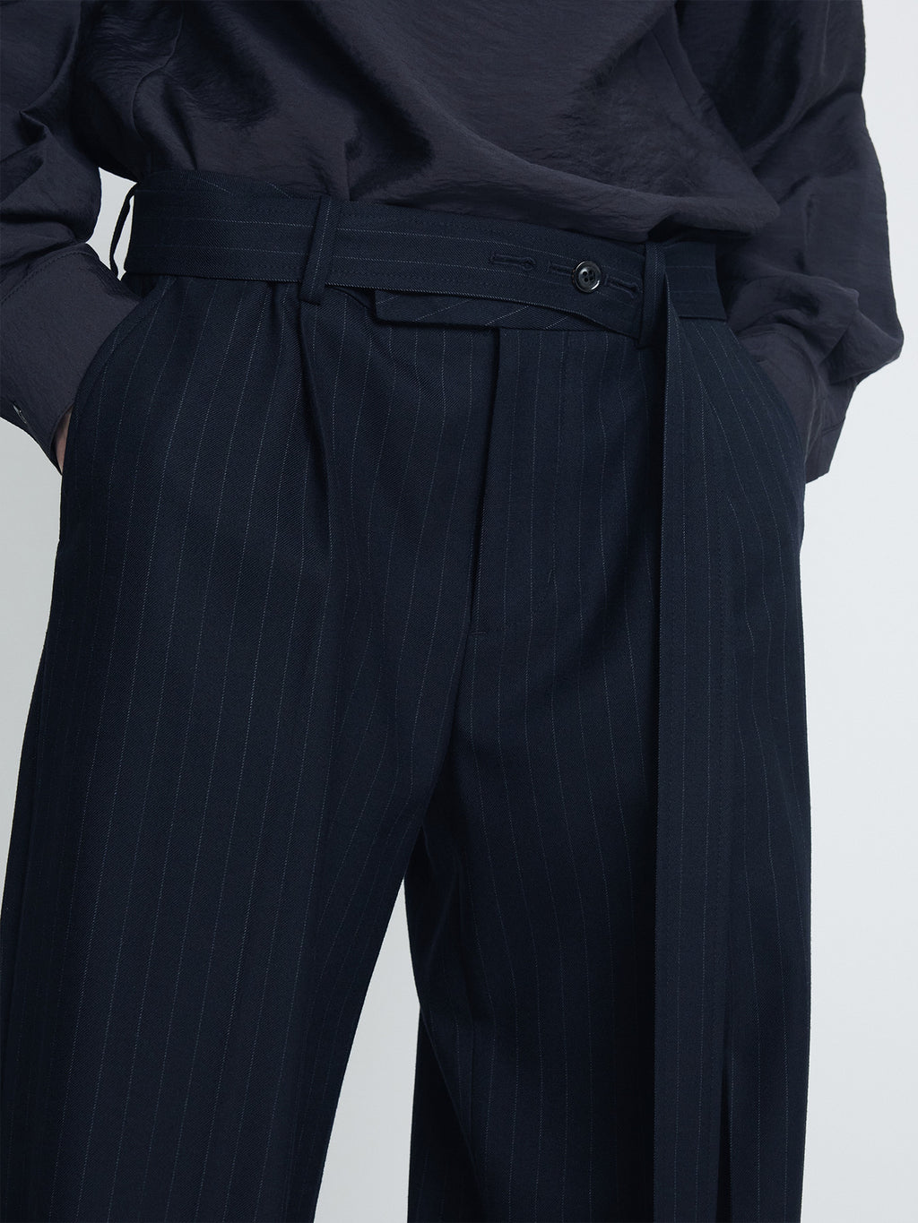 Tonywack - Pin Striped Wool Belted Trousers (Navy Pinstripe) product image 7 | TRAB K-Fashion Australia