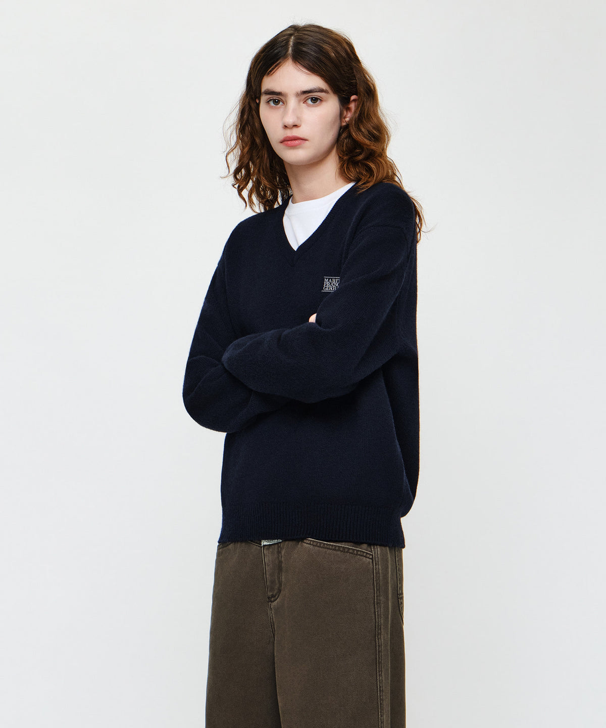 Marithe & Francois Girbaud - Small Classic Logo Oversized V-neck Knit Pullover (Dark Navy) product image 2 | TRAB K-Fashion Australia