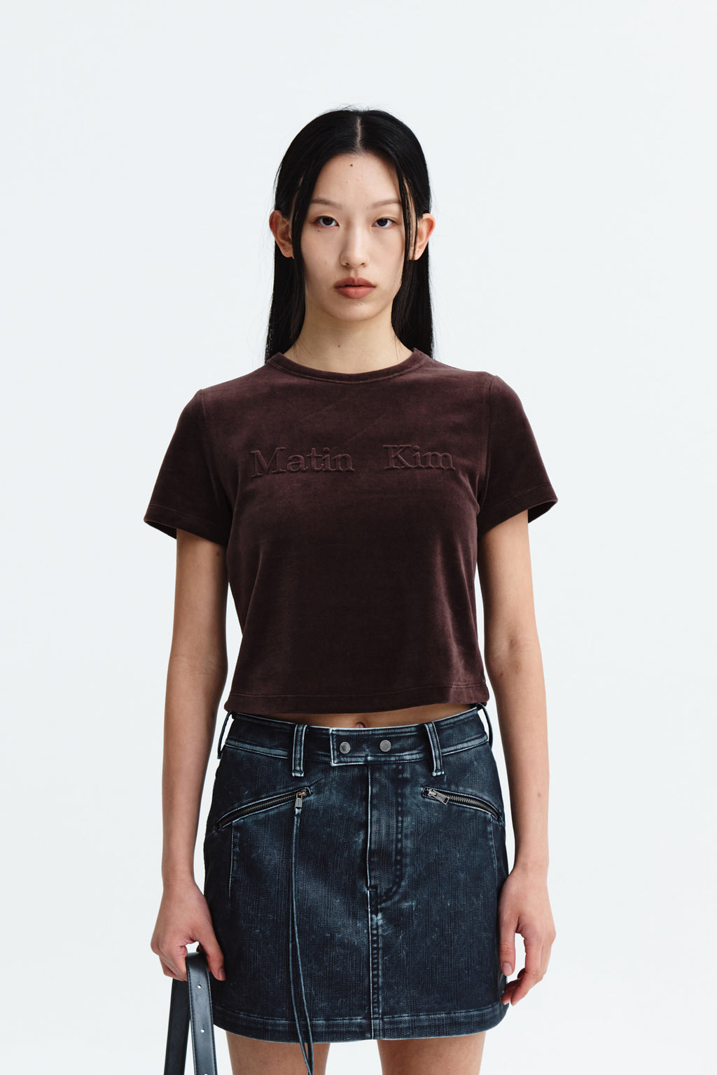 Matin Kim - Logo Emboss Velvet Crop Top (Brown) product image 5 | TRAB K-Fashion Australia