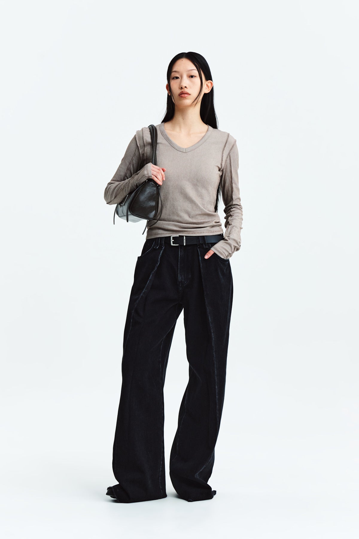 Matin Kim - Stitch V Neck Slim Long Sleeve (Brown) product image 10 | TRAB K-Fashion Australia