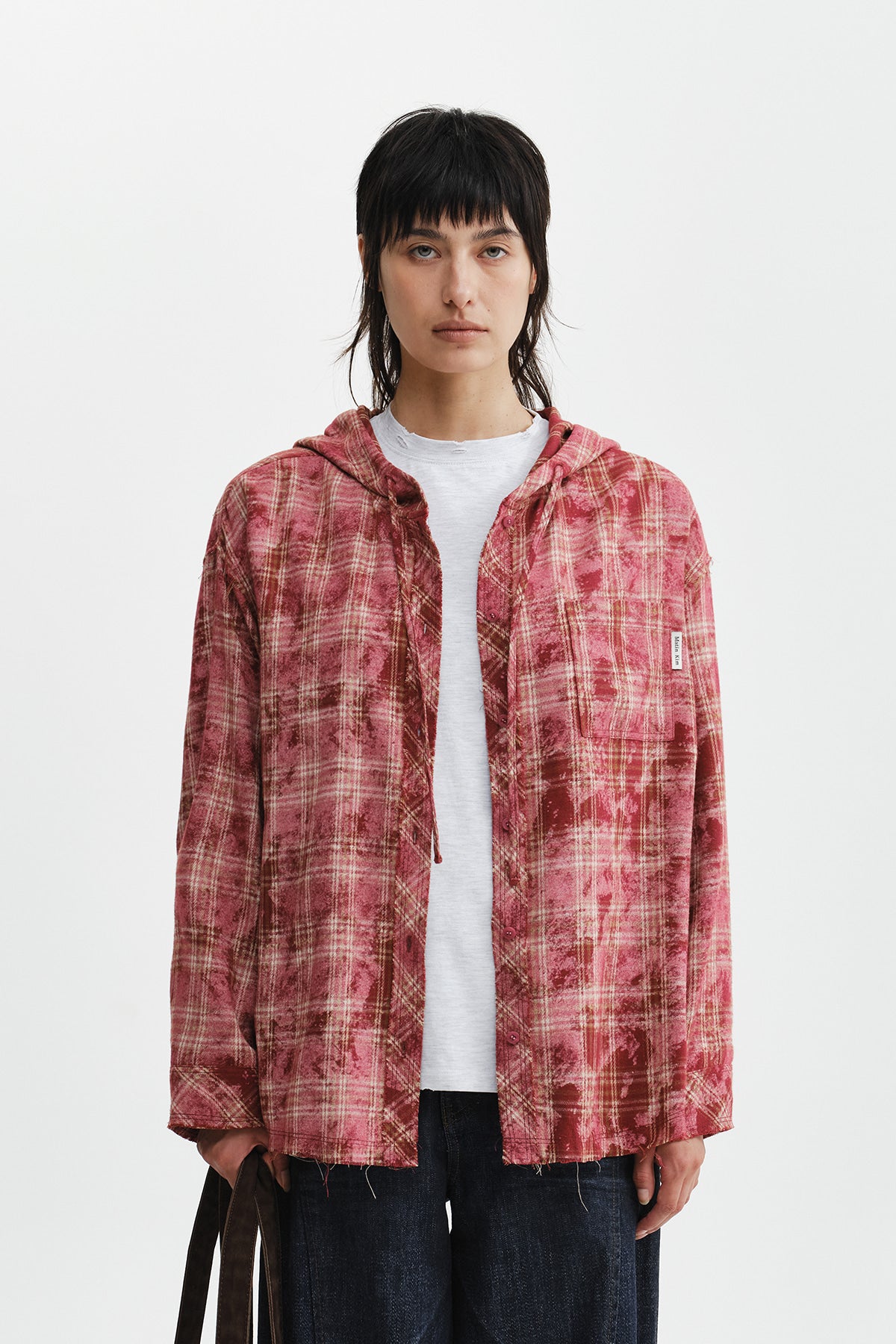 Matin Kim - Raw Cut Check Hooded Shirt (Red) product image 7 | TRAB K-Fashion Australia