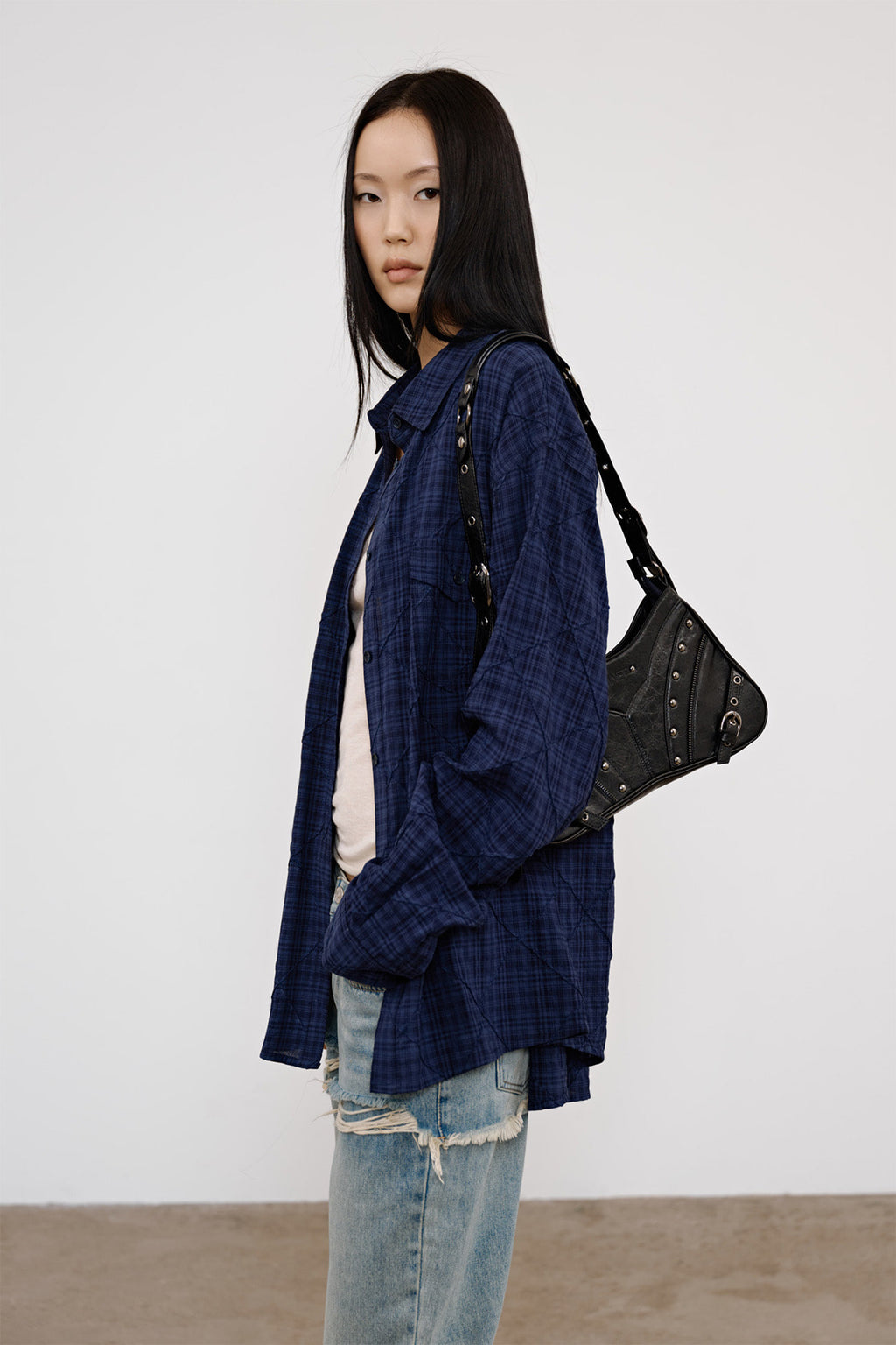 Deinet - Double Checkered Overfit Shirt (Navy) product image 7 | TRAB K-Fashion Australia