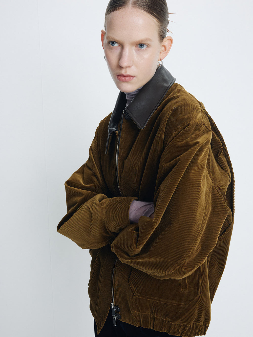 Tonywack - Leather Collar Corduroy Bomber Jacket (Olive Brown) product image 5 | TRAB K-Fashion Australia