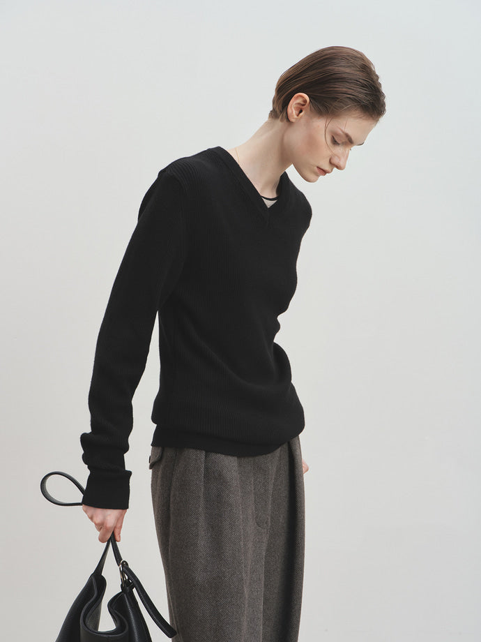 Tonywack - Super Fine Wool Ribbed V-Neck Sweater (Black) product image 2 | TRAB K-Fashion Australia