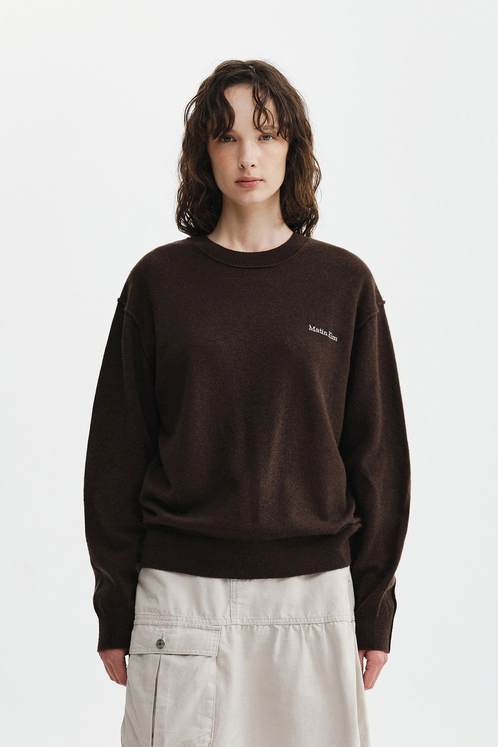 Matin Kim - [Pre-Order – Ships September 28] Cashmere Blended Panel Knit Pullover (Brown) product image 6 | TRAB K-Fashion Australia