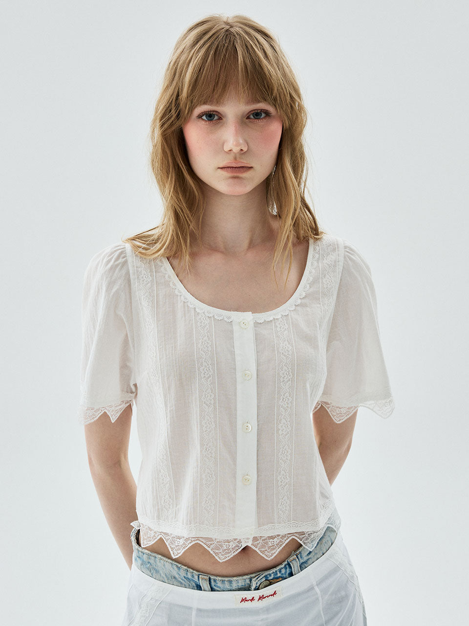 Mardi Mercredi - Sheer Cotton Cropped Blouse Lace (White) product image 1 | TRAB K-Fashion Australia