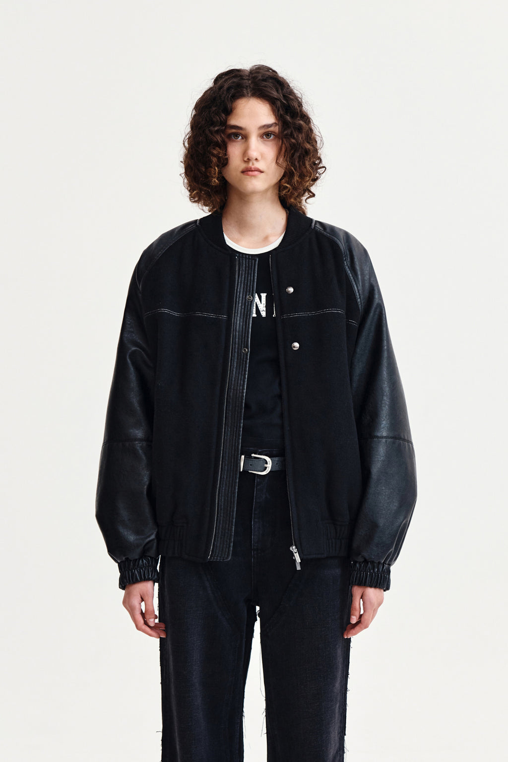 Matin Kim - Stunning Point Faux Leather Jumper (Black) product image 1 | TRAB K-Fashion Australia