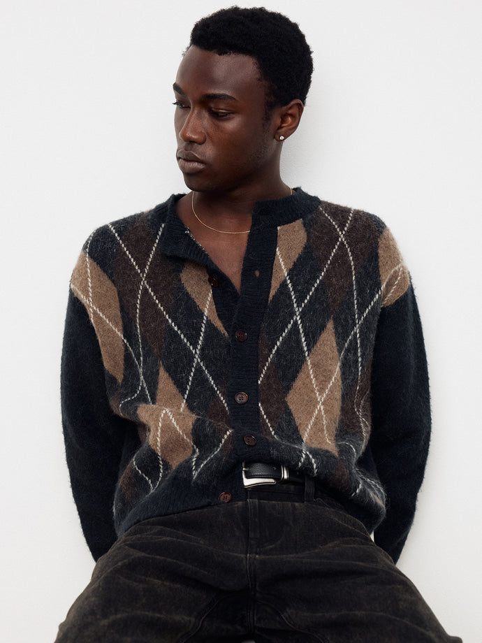 Tonywack - Mohair Argyle Crew-Neck Cardigan (Midnight/Camel) product image 1 | TRAB K-Fashion Australia
