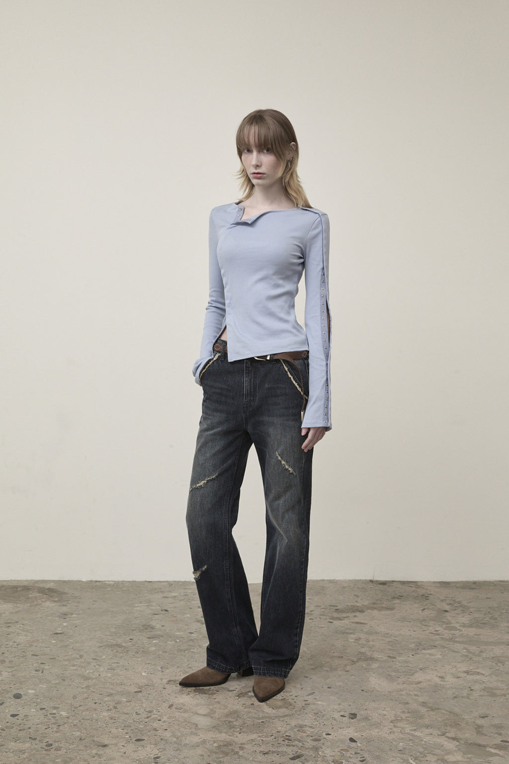 Matin Kim - Semi Boots Cut Washed Denim Pants (Navy) product image 5 | TRAB K-Fashion Australia