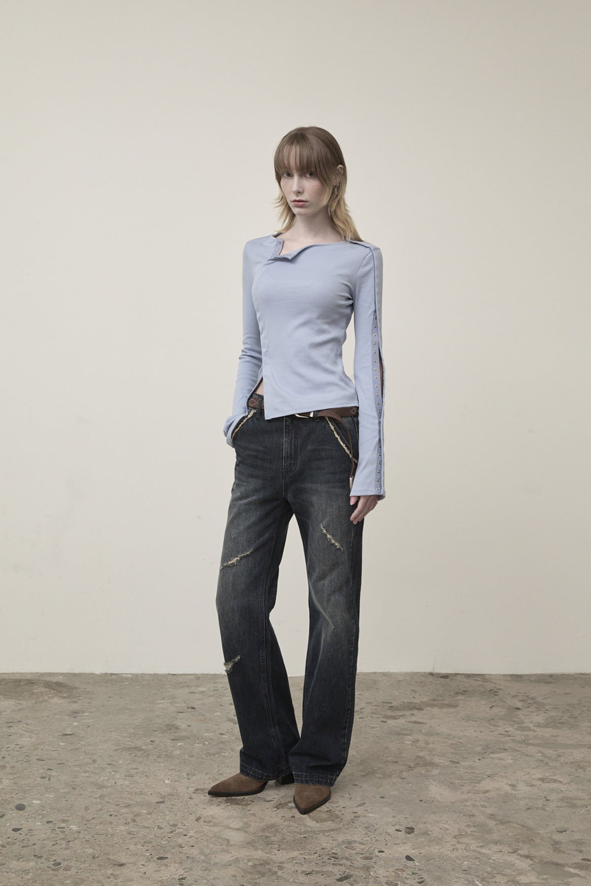 Matin Kim - Semi Boots Cut Washed Denim Pants (Navy) product image 5 | TRAB K-Fashion Australia