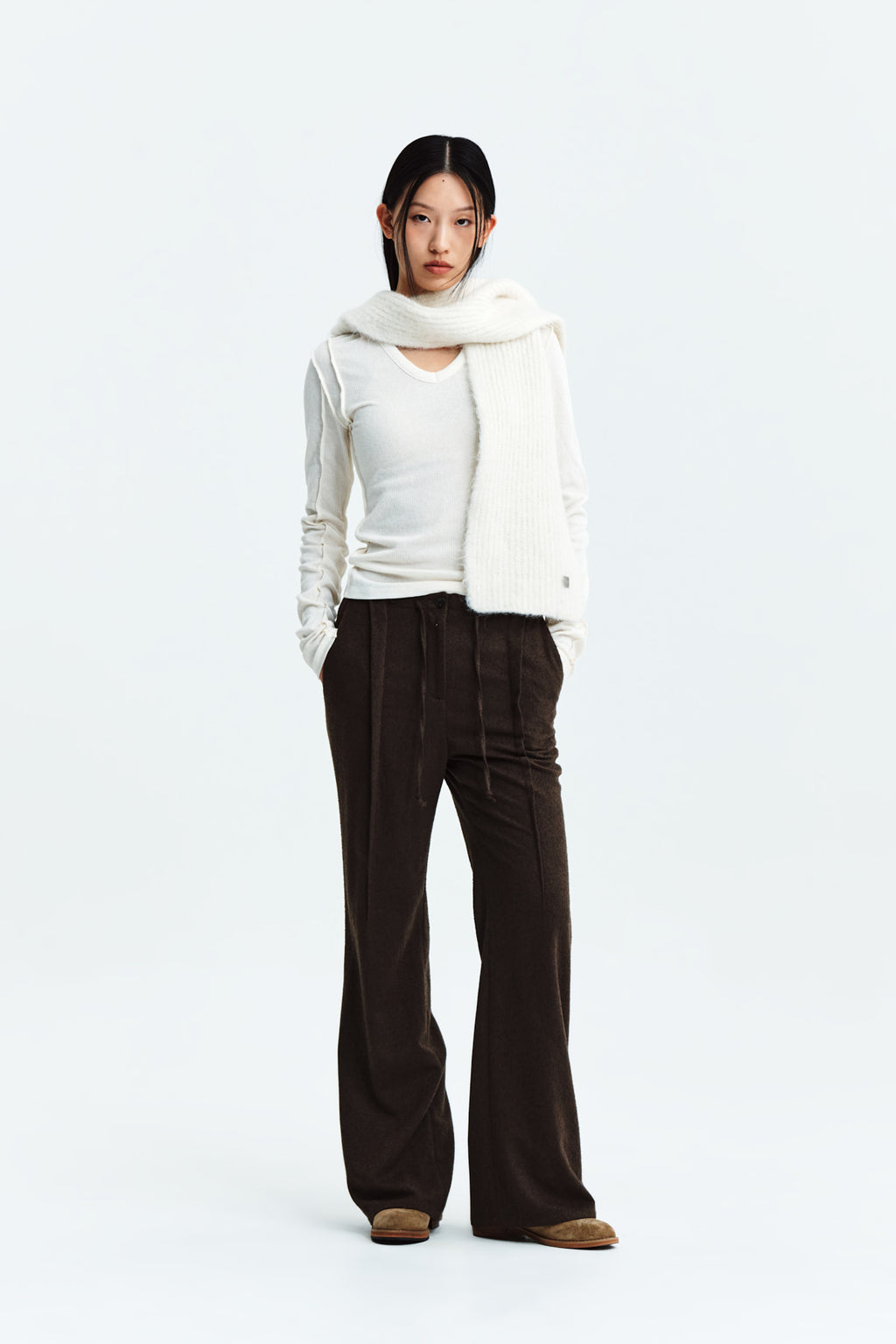 Matin Kim - Waist Button Point String Slim Pants (Brown) product image 8 | TRAB K-Fashion Australia