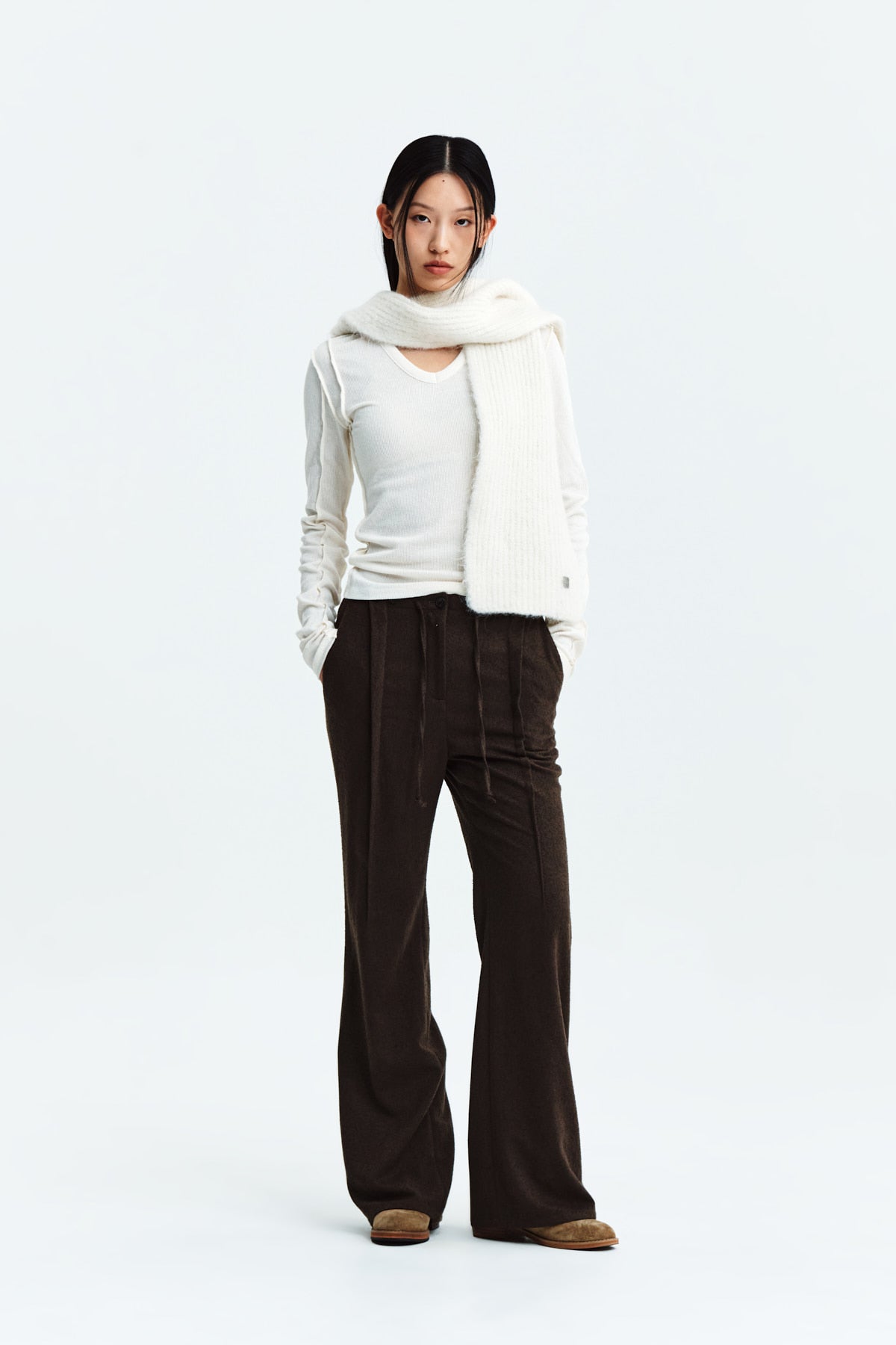 Matin Kim - Waist Button Point String Slim Pants (Brown) product image 8 | TRAB K-Fashion Australia