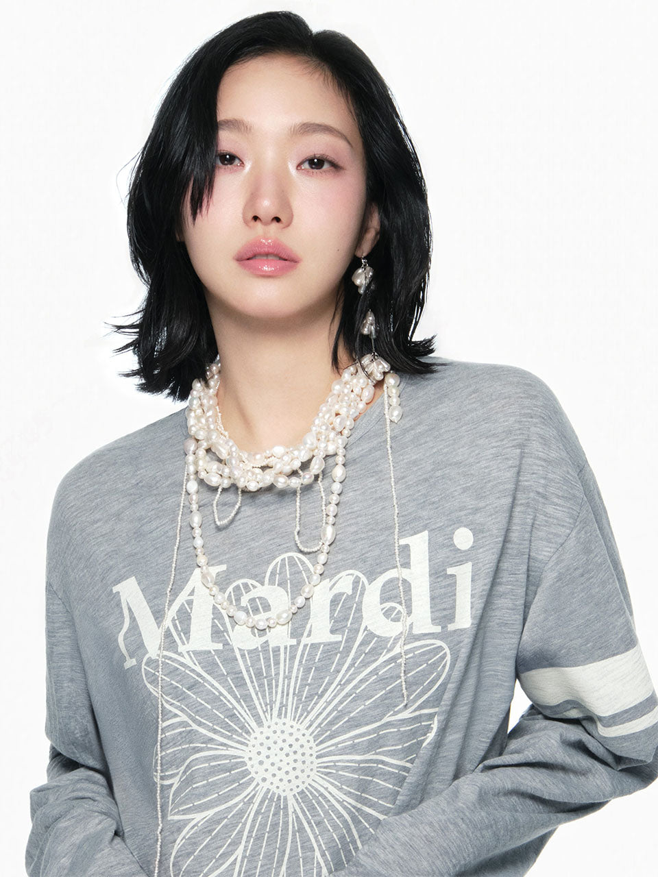 Mardi Mercredi - Slub Cotton Relaxed Tshirt Long Sleeve Flowermardi (Grey Ivory) product image 1 | TRAB K-Fashion Australia