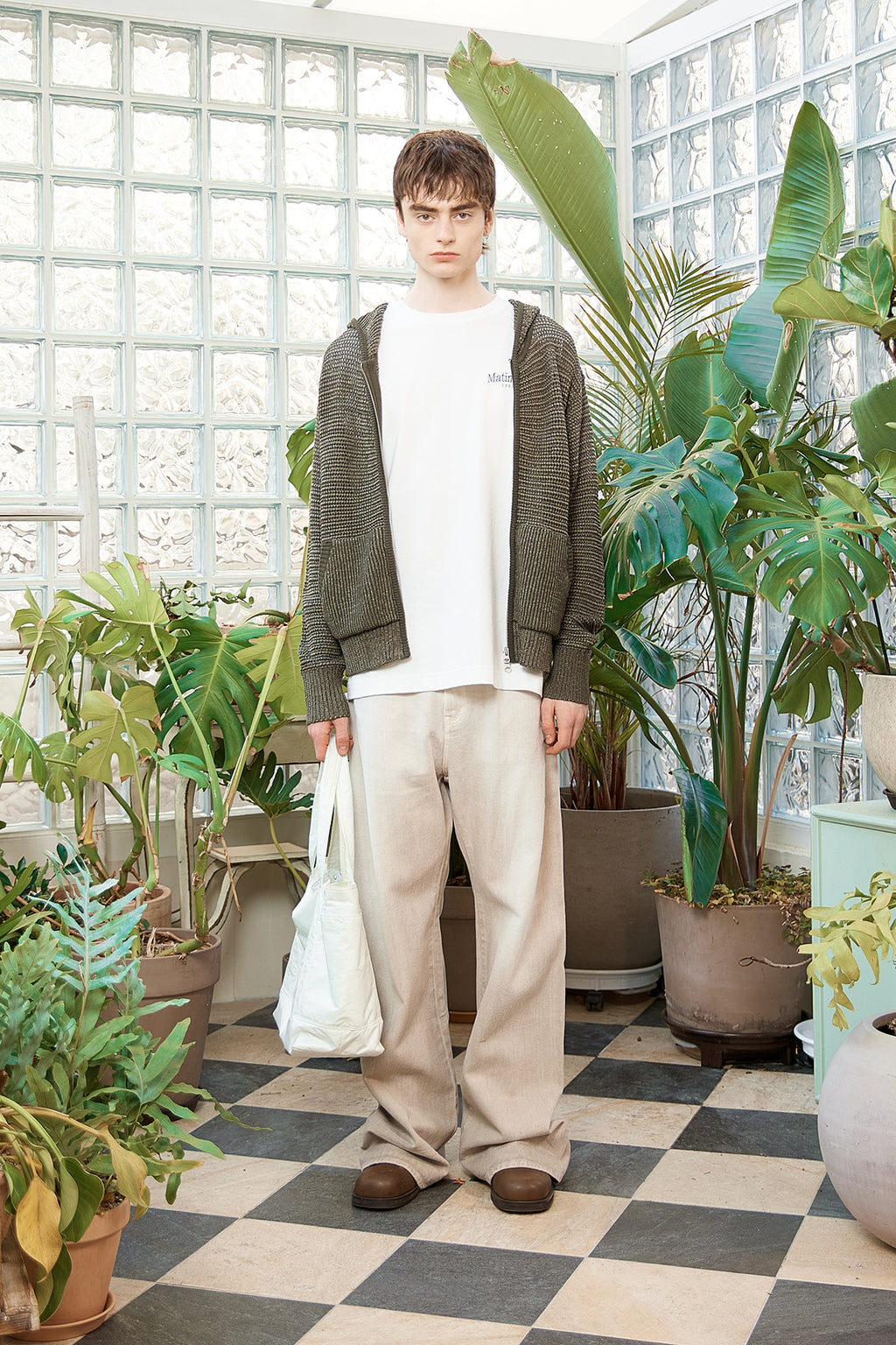 Matin Kim - Two Tone Mesh Knit Hoody Zip Up (Khaki) product image 13 | TRAB K-Fashion Australia