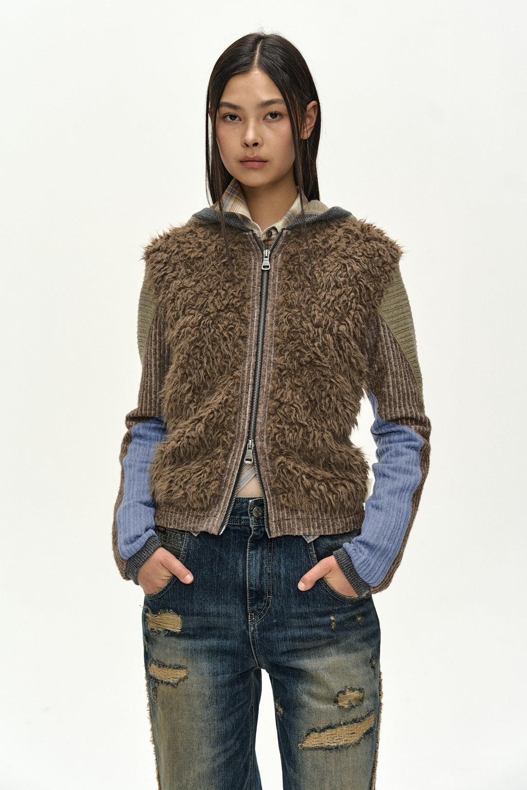 Andersson Bell - Fur Color-Blocked Hooded Zip-Up (Brown/Blue) product image 4 | TRAB K-Fashion Australia