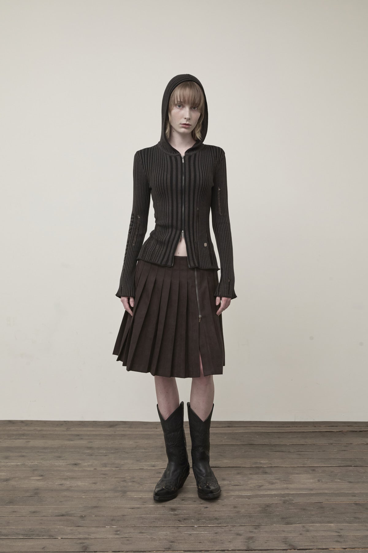 Matin Kim - Logo Point Damage Slim Hoody Cardigan (Charcoal) product image 8 | TRAB K-Fashion Australia