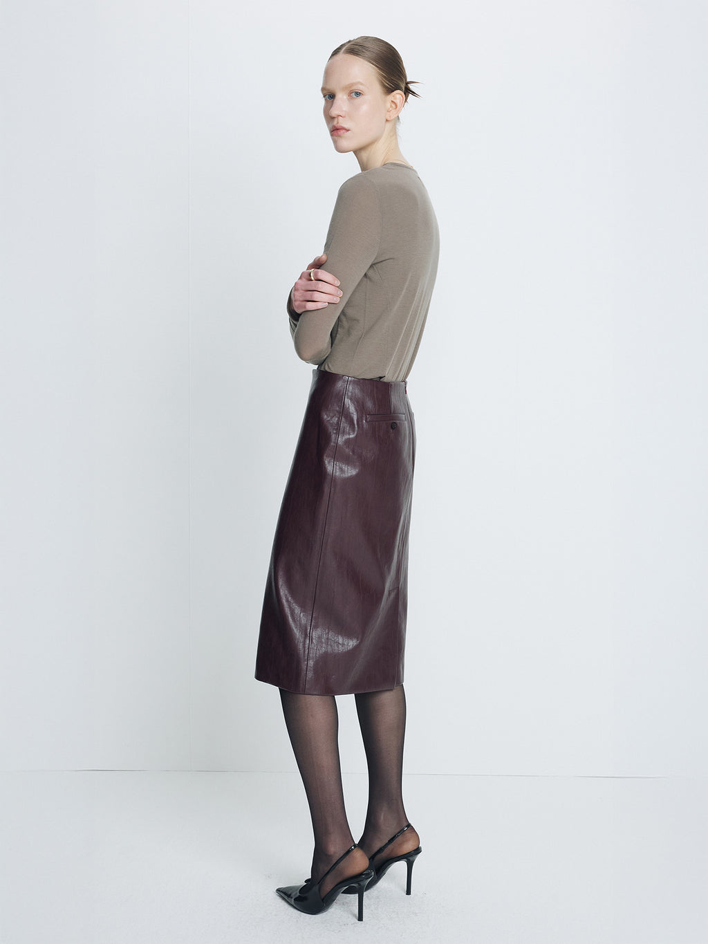 Tonywack - Faux Leather Midi Skirt (Dark Burgundy) product image 4 | TRAB K-Fashion Australia