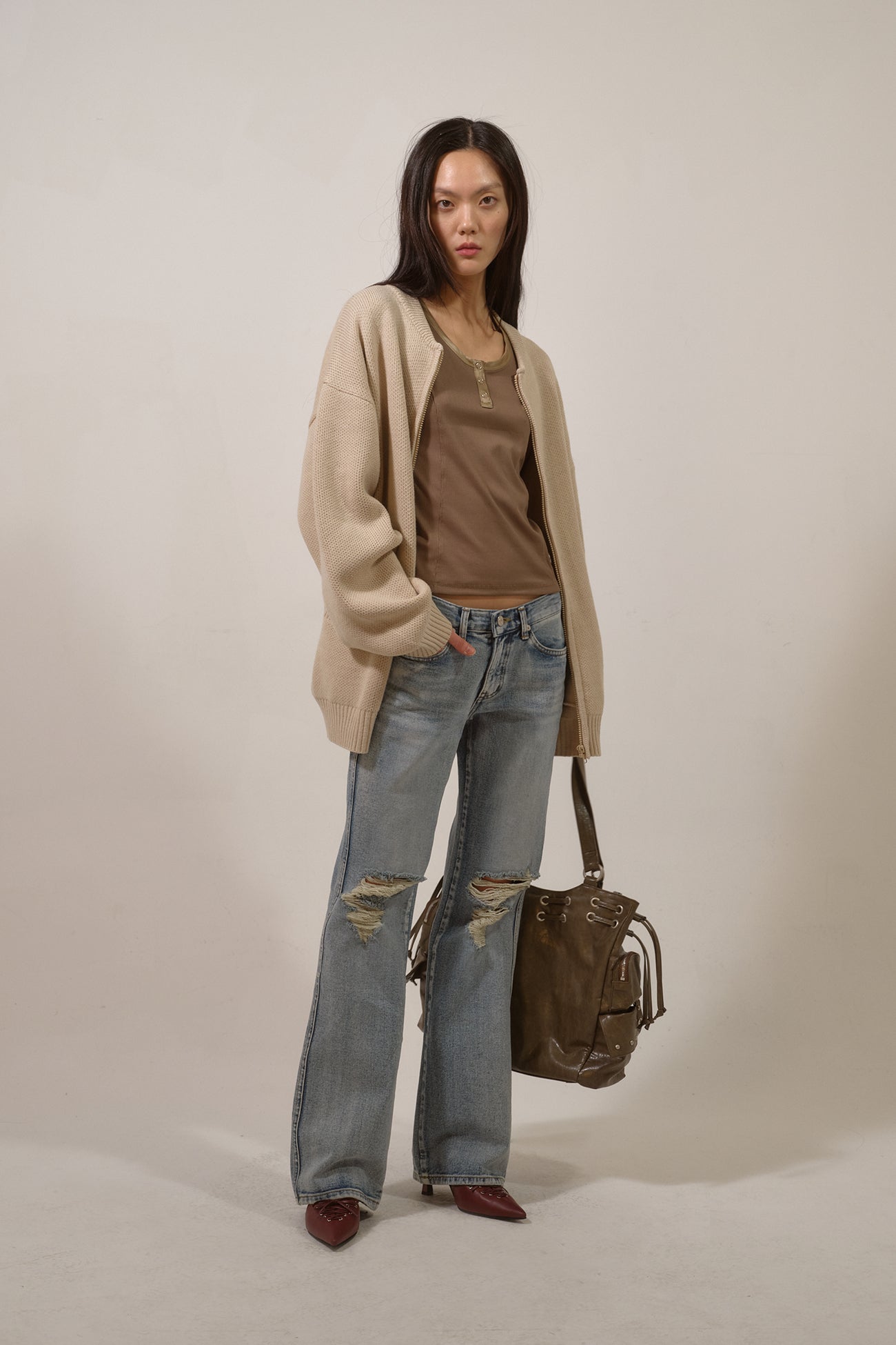 Deinet - D Jacquard Long Knit Zip-Up (Beige) product image 4 | TRAB K-Fashion Australia