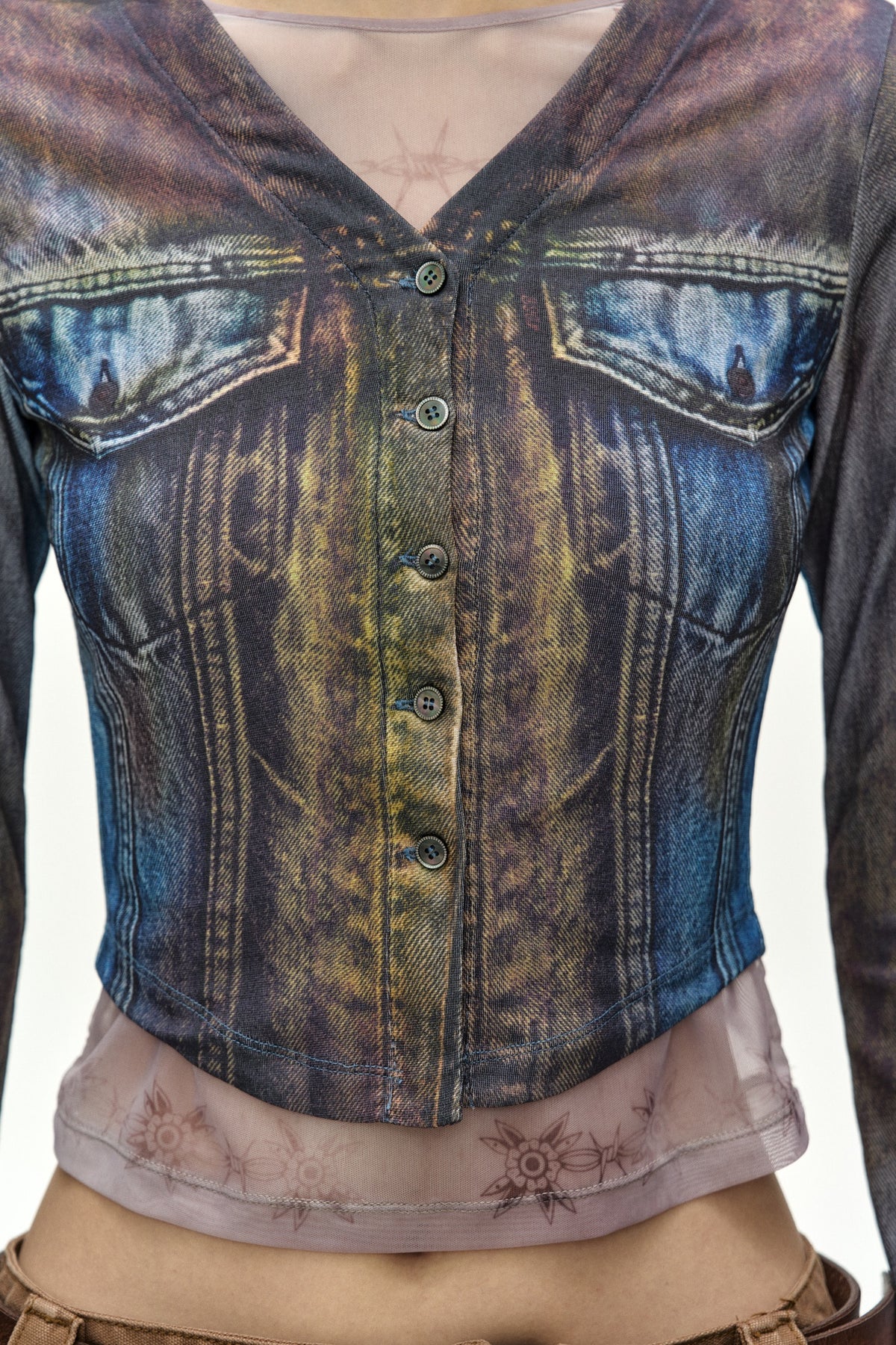 Andersson Bell - Trompe L'oeil Denim Layered Tattoo Top (Brown) product image 7 | TRAB K-Fashion Australia