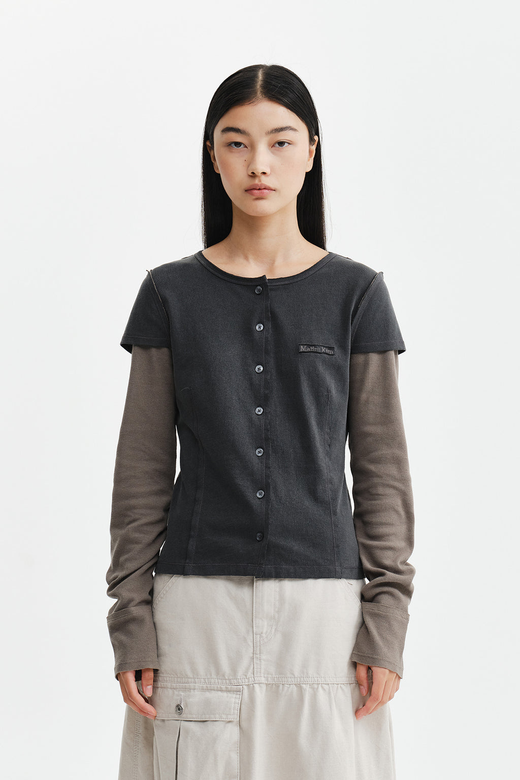 Matin Kim - Faded Color Block Layered Button Top (Charcoal) product image 6 | TRAB K-Fashion Australia