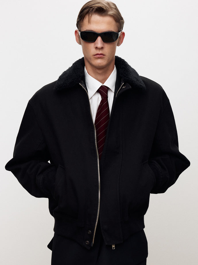 Tonywack - Washed Cotton Shearling Trim Bomber (Black) product image 1 | TRAB K-Fashion Australia